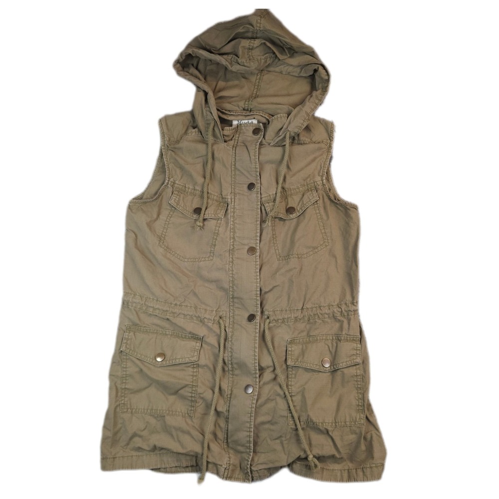 Mudd Hooded Vest Womens S Sleeveless Ripstop Military Jacket Olive Button Y2K